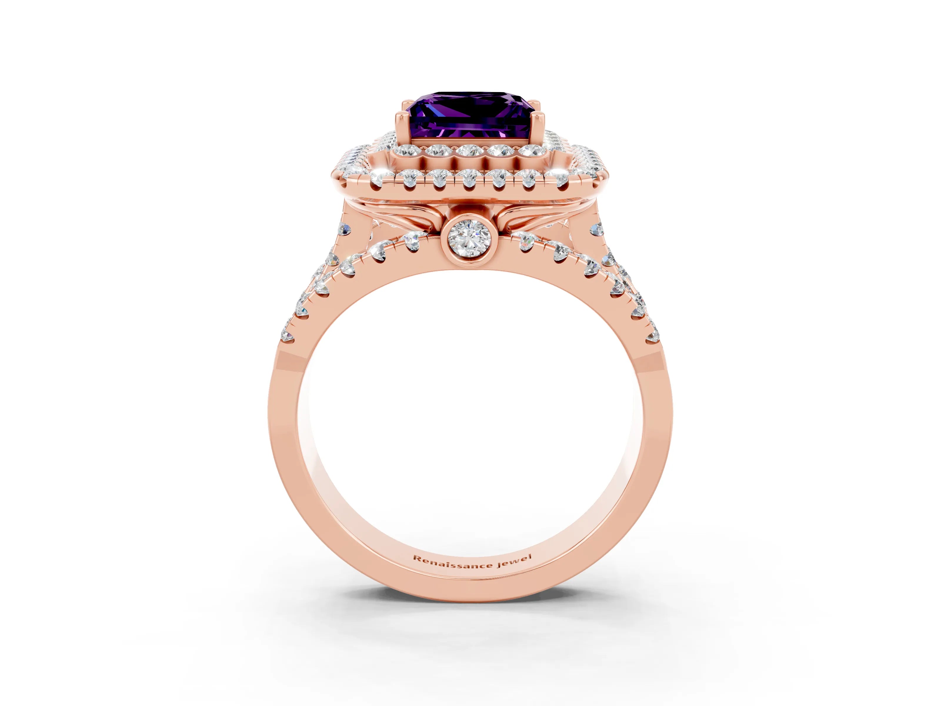 Rose gold Double Halo Princess Cut Diamond Split Shank Pave Set Ring_3
