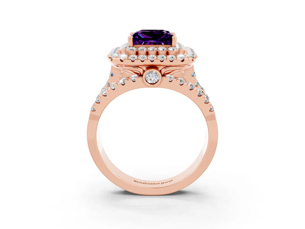 Rose gold Princess Cut Amethyst Double Halo Ring with Round Pavé Split Shank and Prong Setting