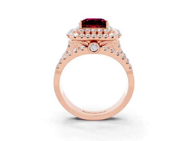 Rose gold Princess Cut Garnet Double Halo Ring with Round Pavé Split Shank and Prong Setting