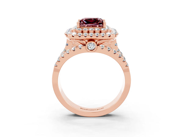 Rose gold Double Halo Princess Cut Diamond Split Shank Pave Set Ring