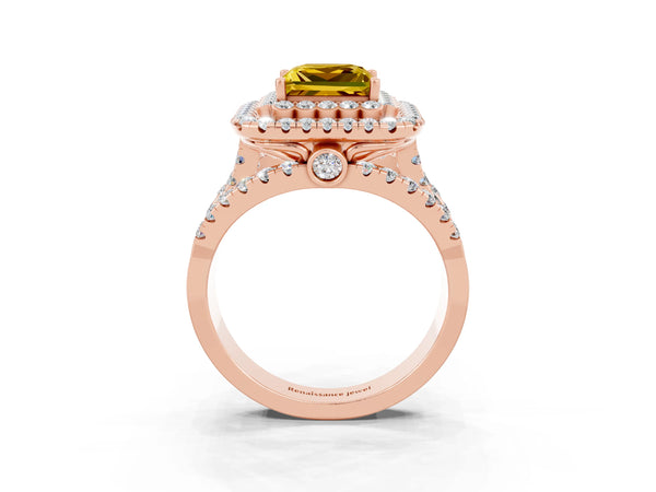 Rose gold Princess Cut Yellow Sapphire Double Halo Ring with Round Pavé Split Shank and Prong Setting