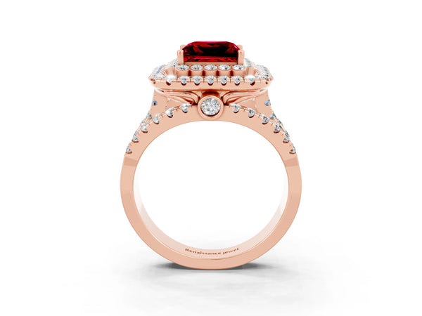 Rose gold Double Halo Princess Cut Diamond Split Shank Pave Set Ring