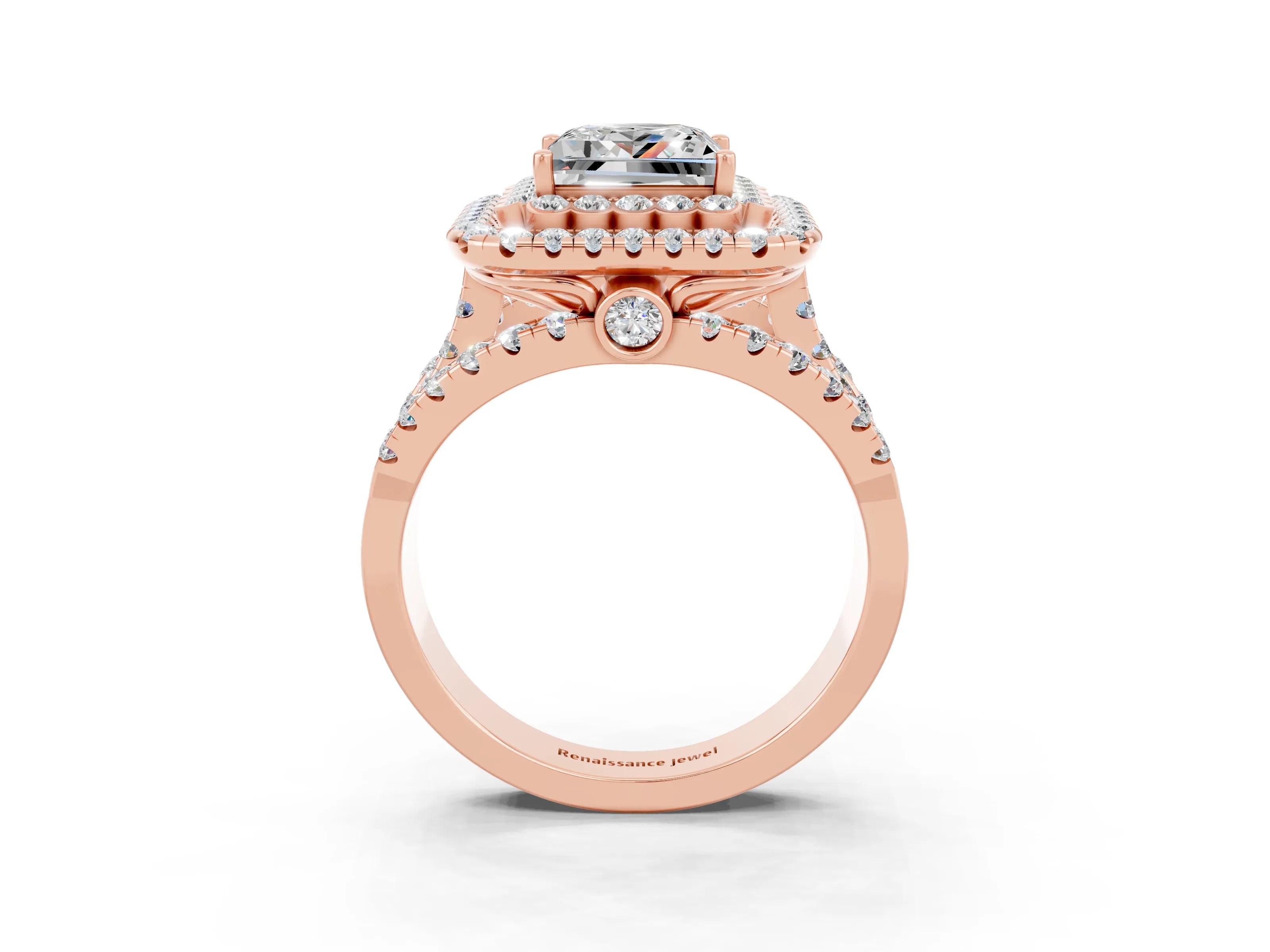 Rose gold Double Halo Princess Cut Diamond Split Shank Pave Set Ring_3