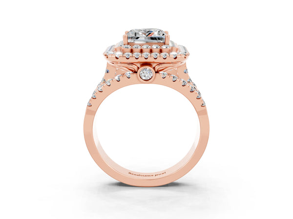 Rose gold Princess Cut Moissanite Double Halo Ring with Round Pavé Split Shank and Prong Setting