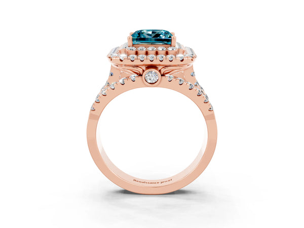 Rose gold Double Halo Princess Cut Diamond Split Shank Pave Set Ring