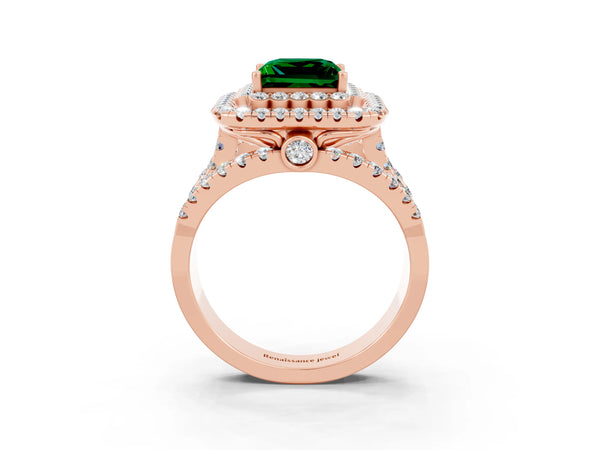Rose gold Princess Cut Emerald Double Halo Ring with Round Pavé Split Shank and Prong Setting