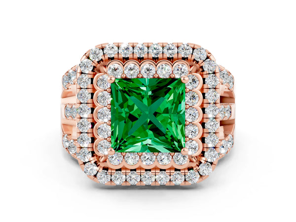 Rose gold Princess Cut Emerald Double Halo Ring with Round Pavé Split Shank and Prong Setting