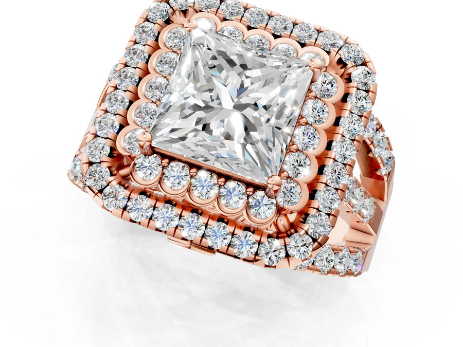 Rose gold Double Halo Princess Cut Diamond Split Shank Pave Set Ring