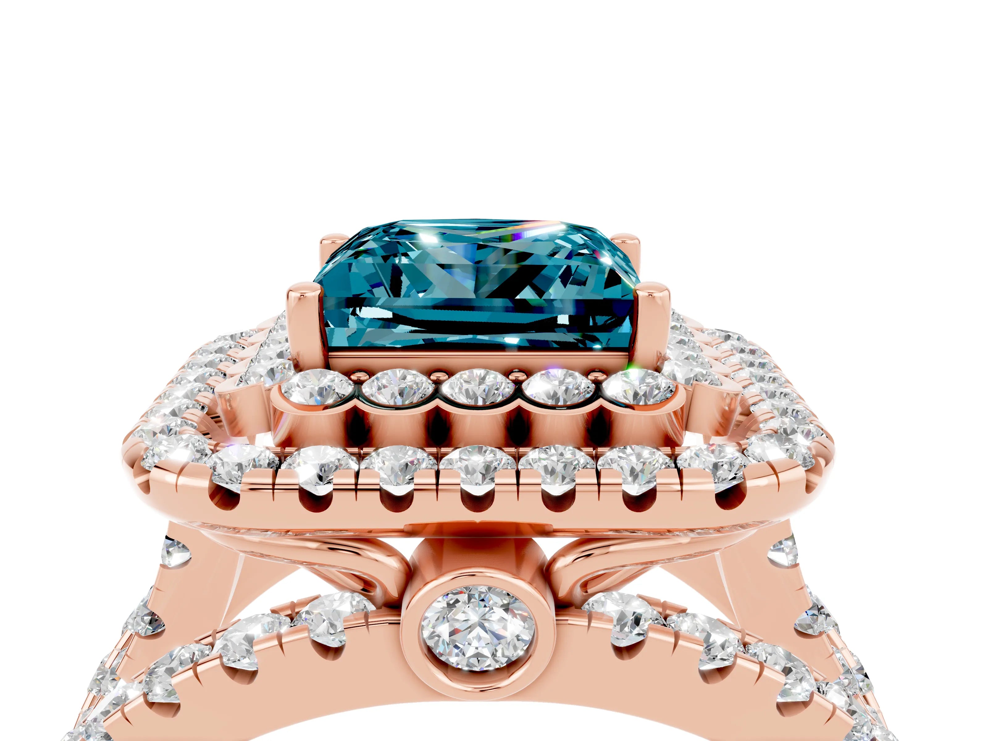 Rose gold Double Halo Princess Cut Diamond Split Shank Pave Set Ring_4
