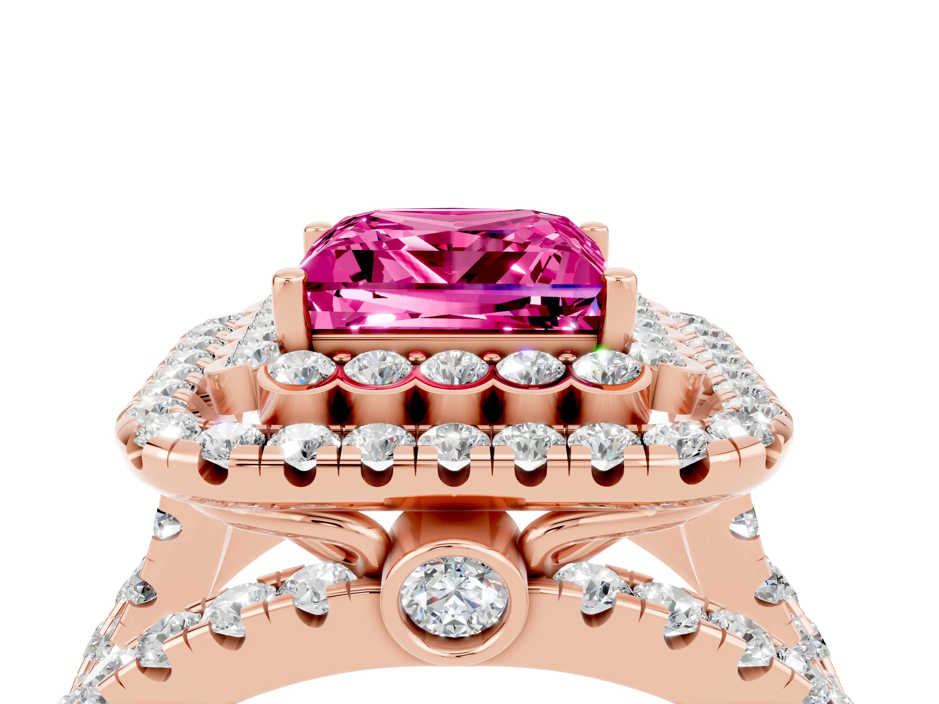 Rose gold Double Halo Princess Cut Diamond Split Shank Pave Set Ring_4