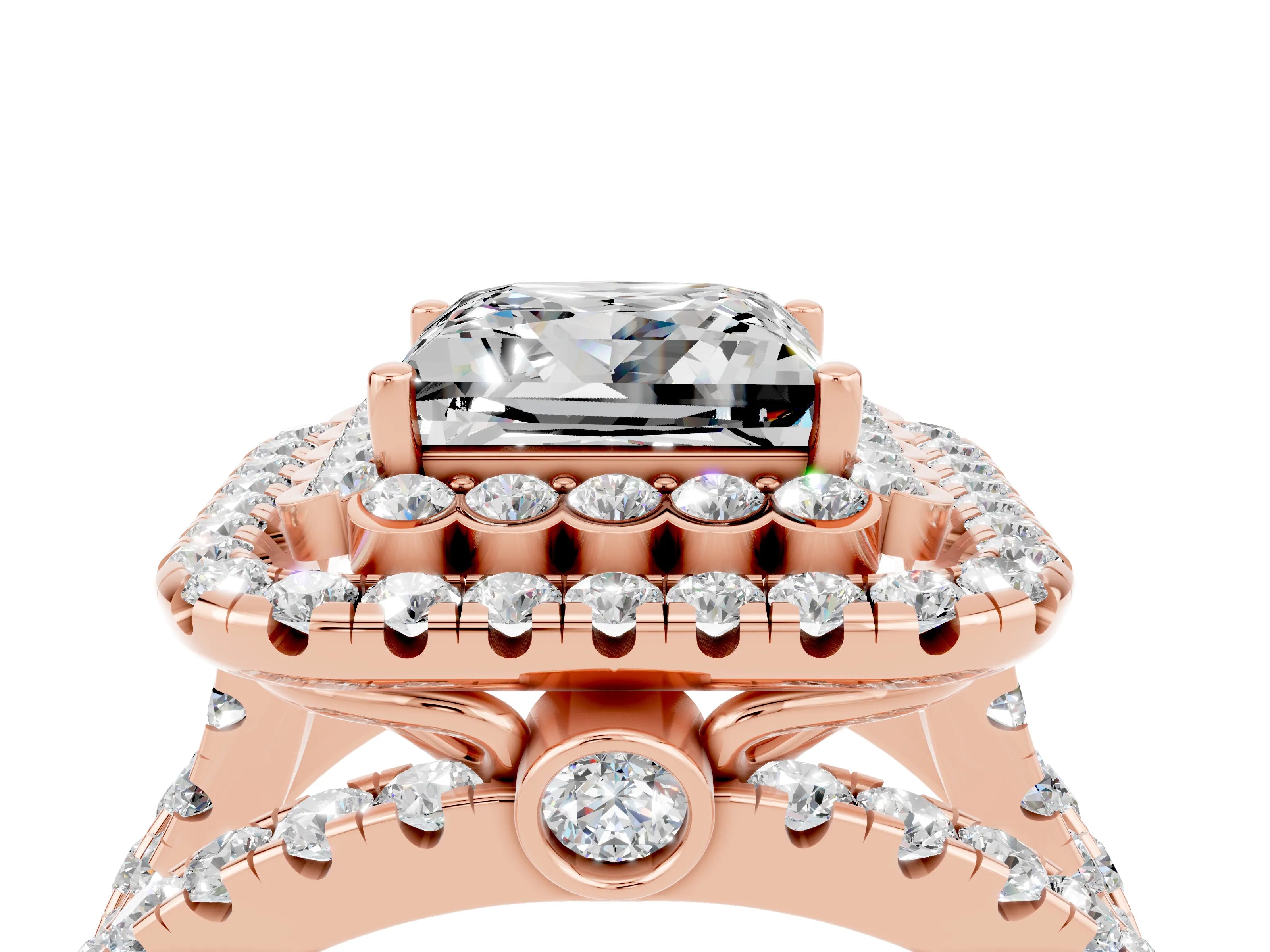 Rose gold Double Halo Princess Cut Diamond Split Shank Pave Set Ring_4