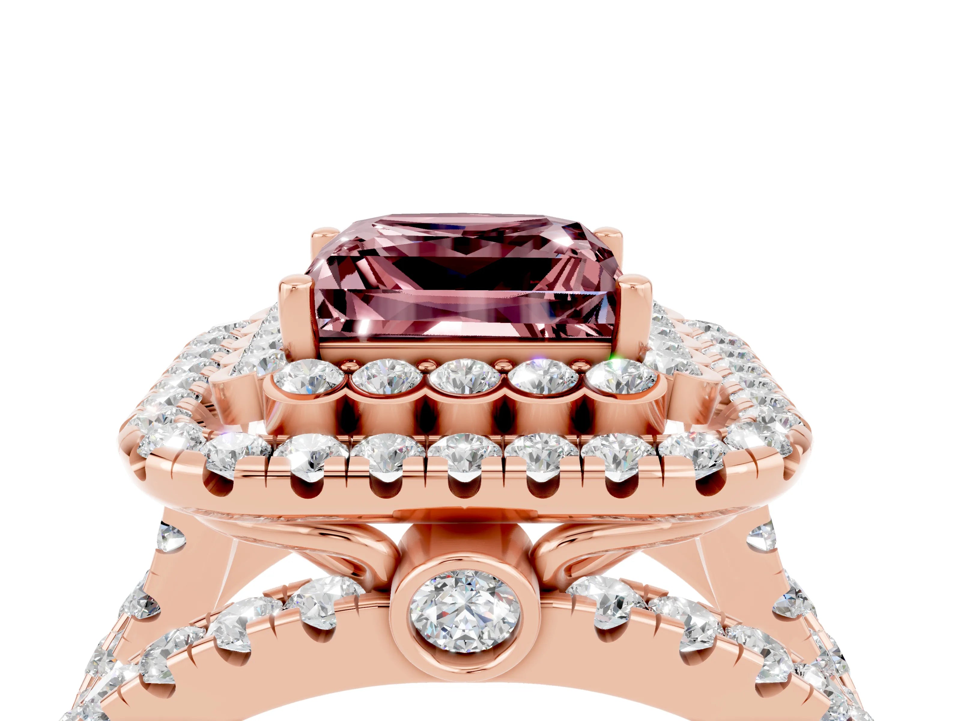 Rose gold Double Halo Princess Cut Diamond Split Shank Pave Set Ring_4