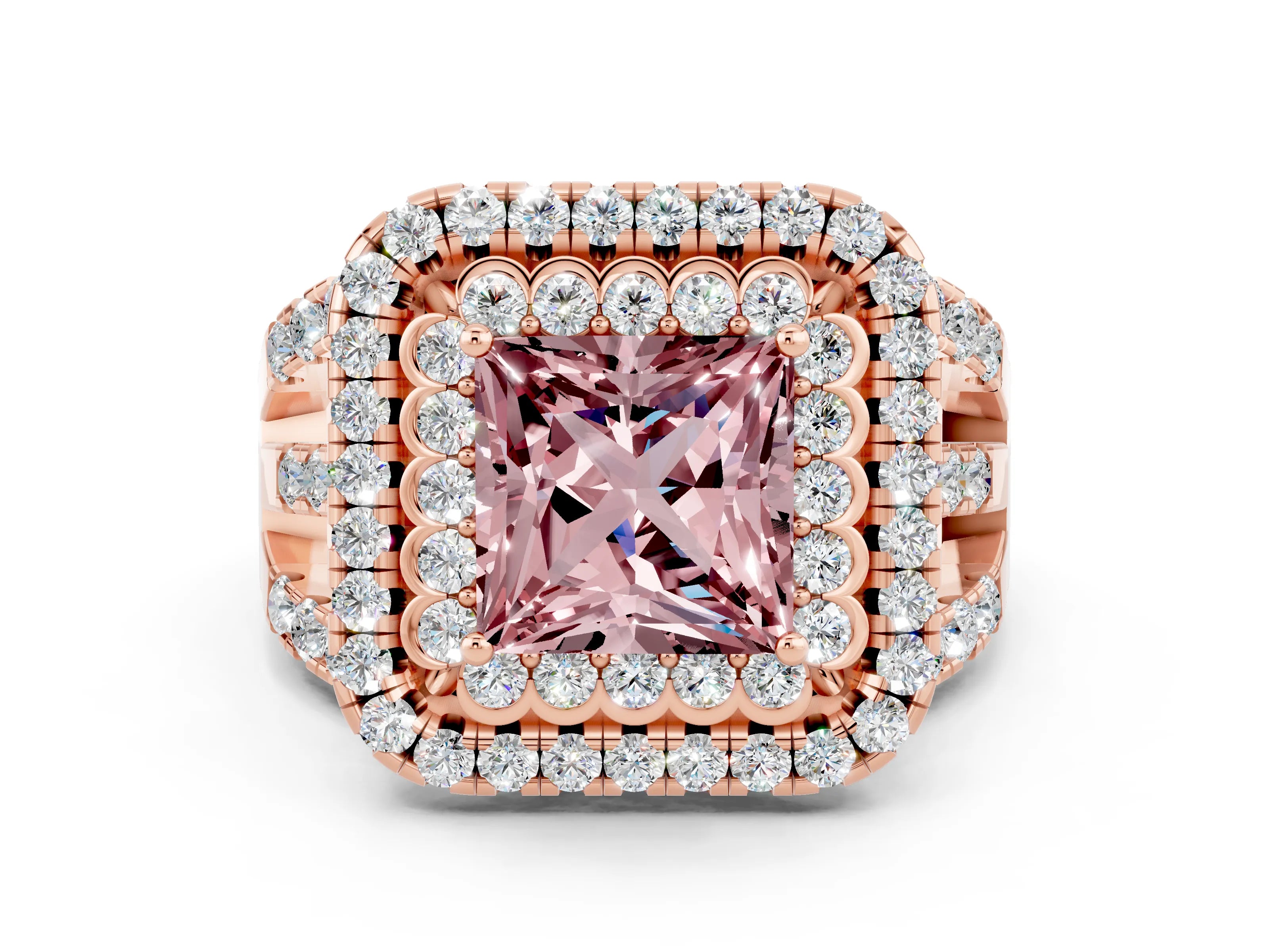 Rose gold Double Halo Princess Cut Diamond Split Shank Pave Set Ring
