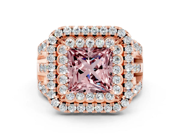 Rose gold Double Halo Princess Cut Diamond Split Shank Pave Set Ring