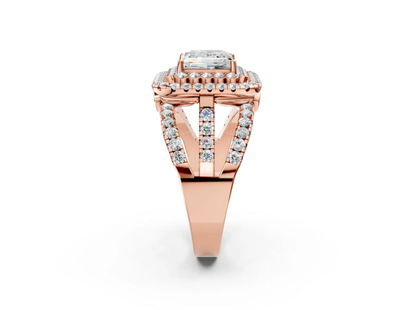 Rose gold Double Halo Princess Cut Diamond Split Shank Pave Set Ring