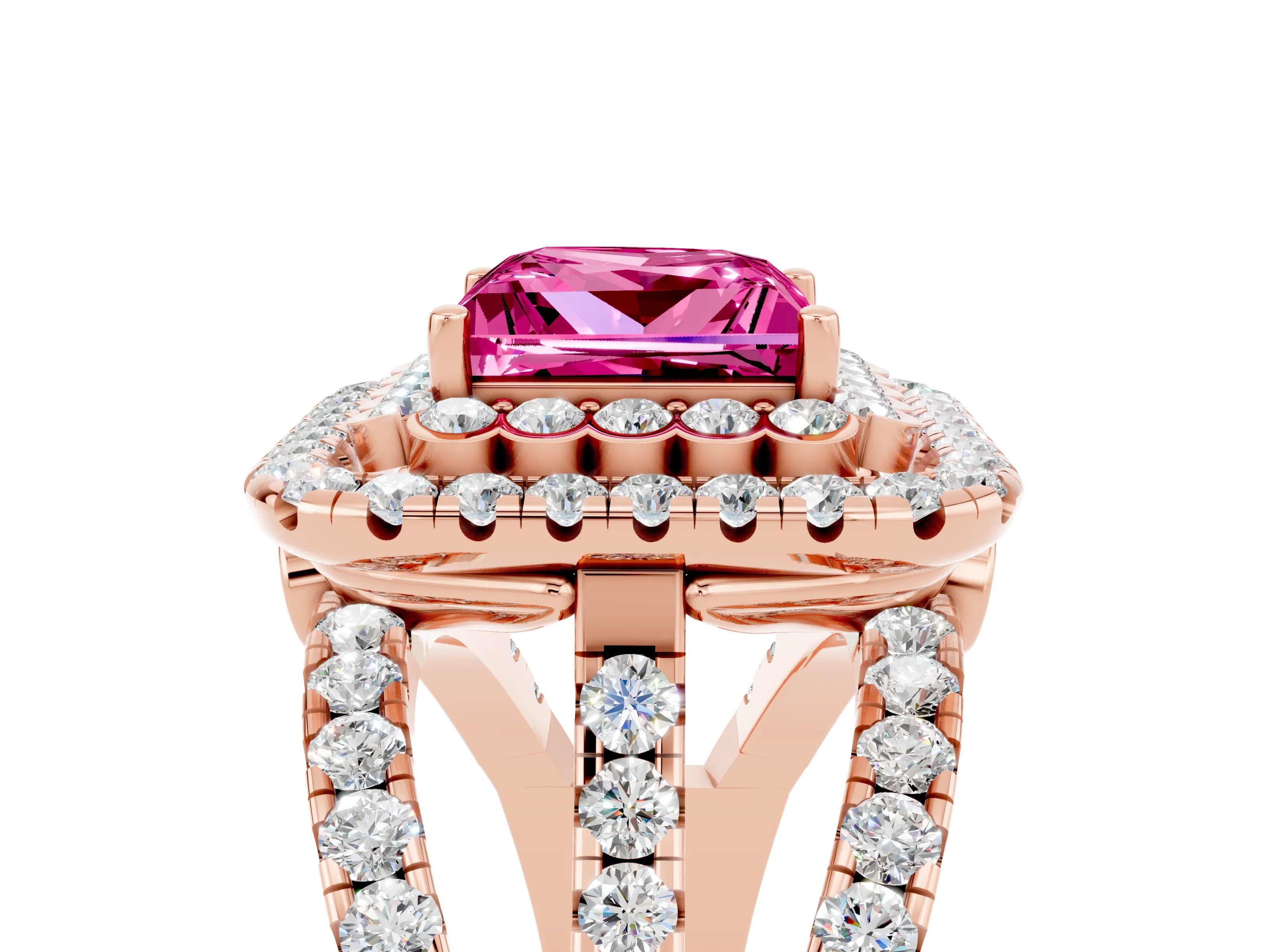 Rose gold Double Halo Princess Cut Diamond Split Shank Pave Set Ring_5