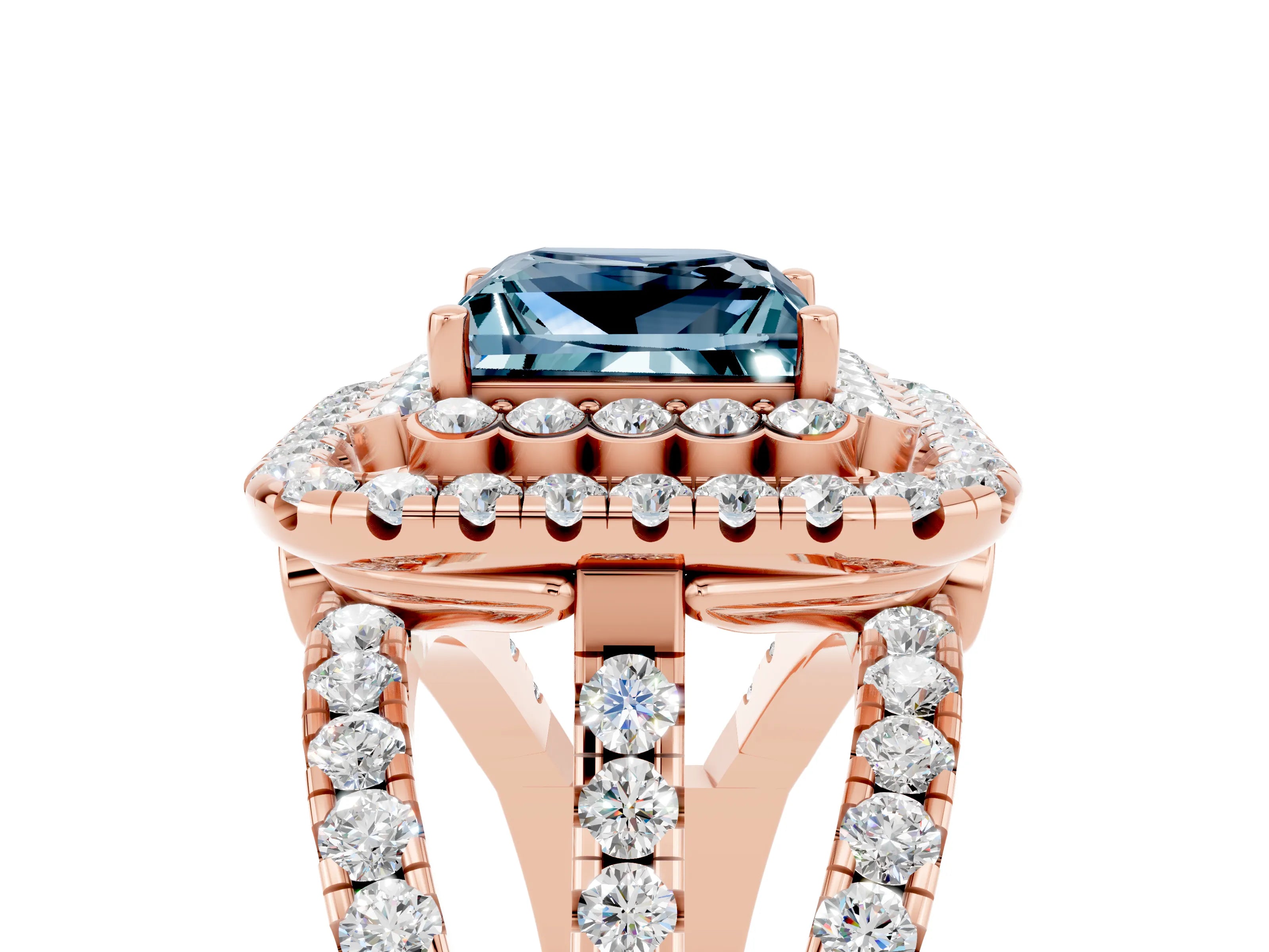 Rose gold Double Halo Princess Cut Diamond Split Shank Pave Set Ring_5