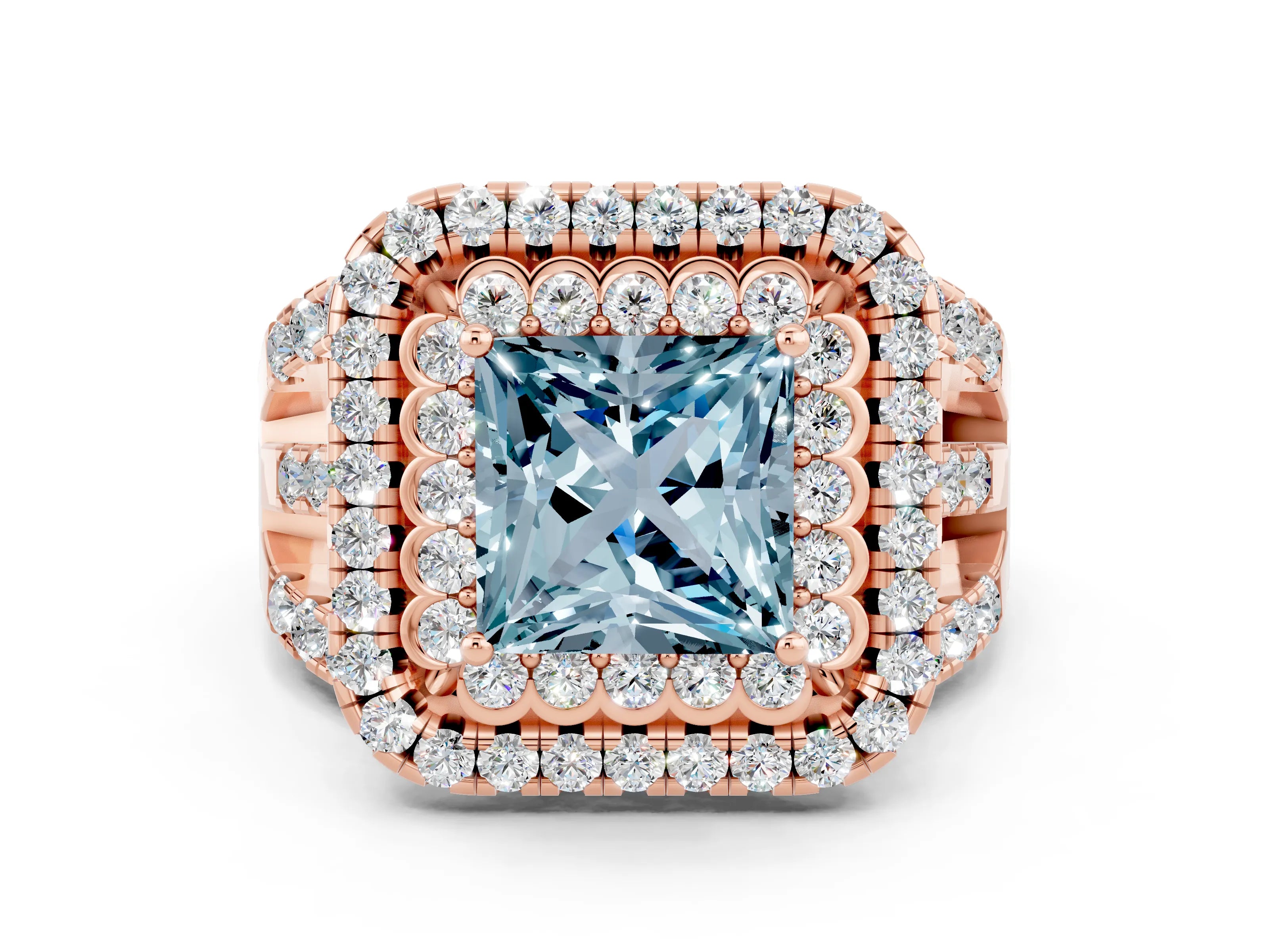 Rose gold Double Halo Princess Cut Diamond Split Shank Pave Set Ring