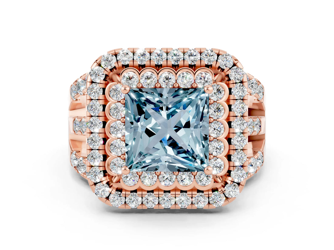 Rose gold Double Halo Princess Cut Diamond Split Shank Pave Set Ring