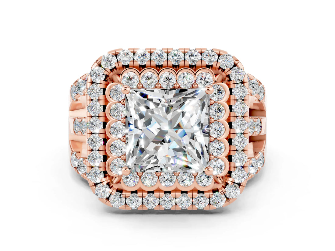 Rose gold Double Halo Princess Cut Diamond Split Shank Pave Set Ring