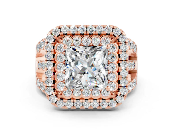 Rose gold Princess Cut Moissanite Double Halo Ring with Round Pavé Split Shank and Prong Setting