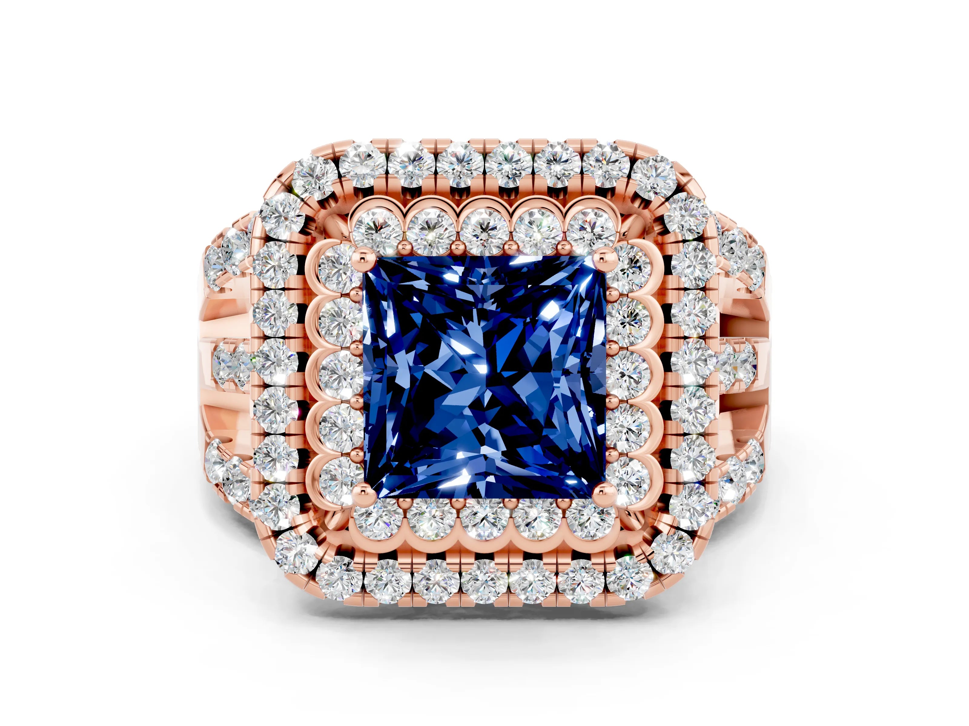 Rose gold Double Halo Princess Cut Diamond Split Shank Pave Set Ring