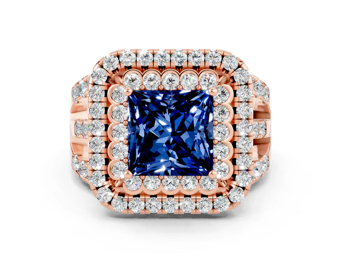 Rose gold Double Halo Princess Cut Diamond Split Shank Pave Set Ring