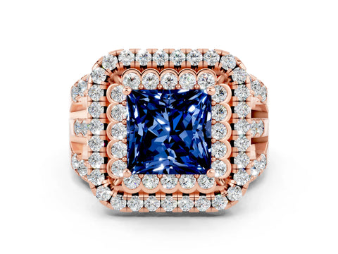 Rose gold Double Halo Princess Cut Diamond Split Shank Pave Set Ring