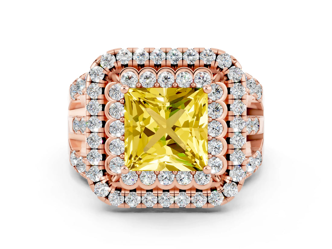 Rose gold Double Halo Princess Cut Diamond Split Shank Pave Set Ring