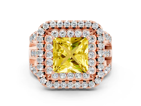 Rose gold Princess Cut Yellow Sapphire Double Halo Ring with Round Pavé Split Shank and Prong Setting
