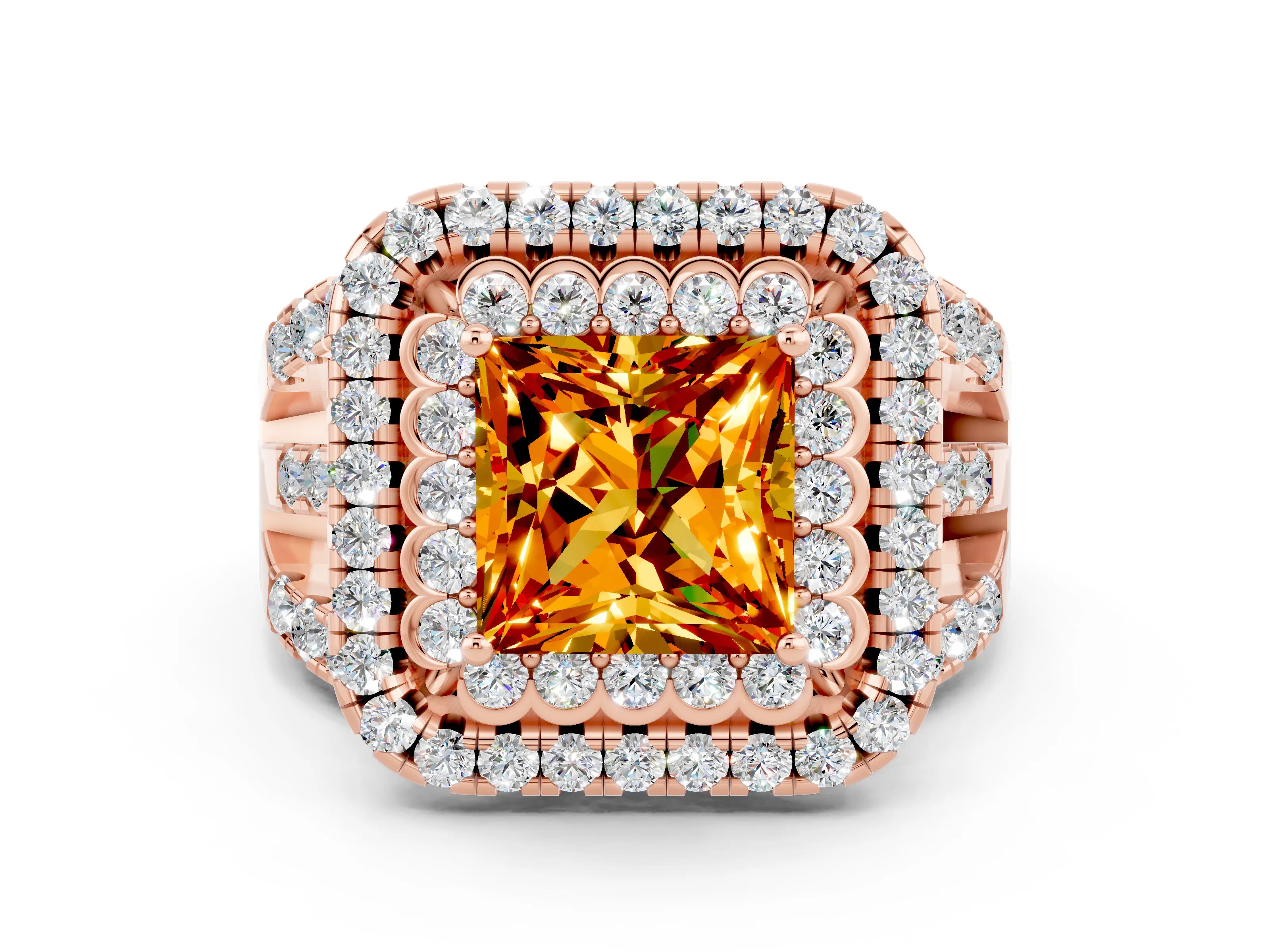 Rose gold Double Halo Princess Cut Diamond Split Shank Pave Set Ring