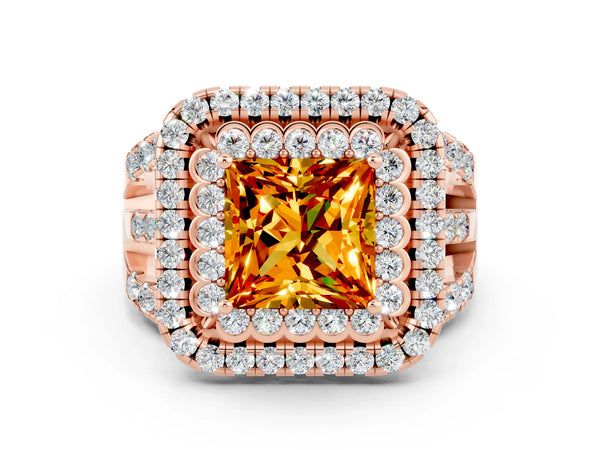 Rose gold Princess Cut Citrine Double Halo Ring with Round Pavé Split Shank and Prong Setting