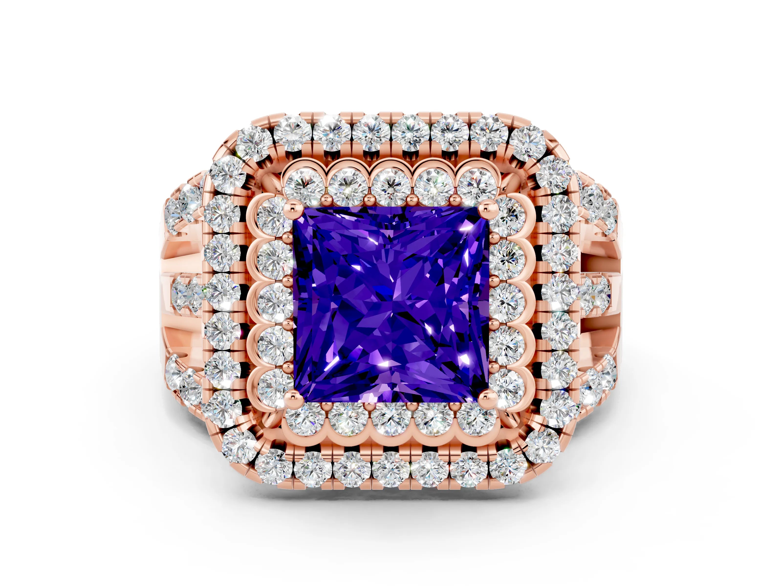 Rose gold Double Halo Princess Cut Diamond Split Shank Pave Set Ring