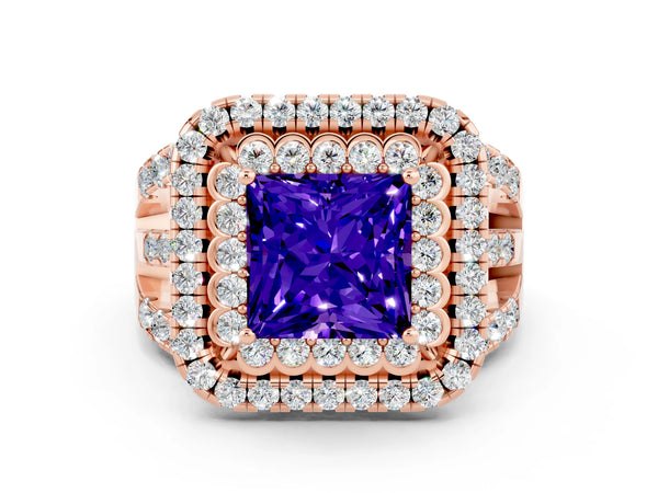 Rose gold Princess Cut Tanzanite Double Halo Ring with Round Pavé Split Shank and Prong Setting