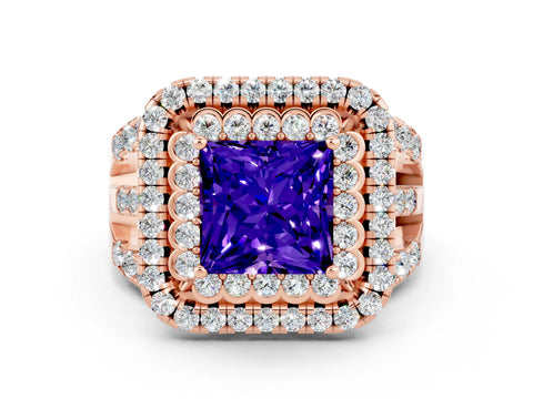 Rose gold Double Halo Princess Cut Diamond Split Shank Pave Set Ring