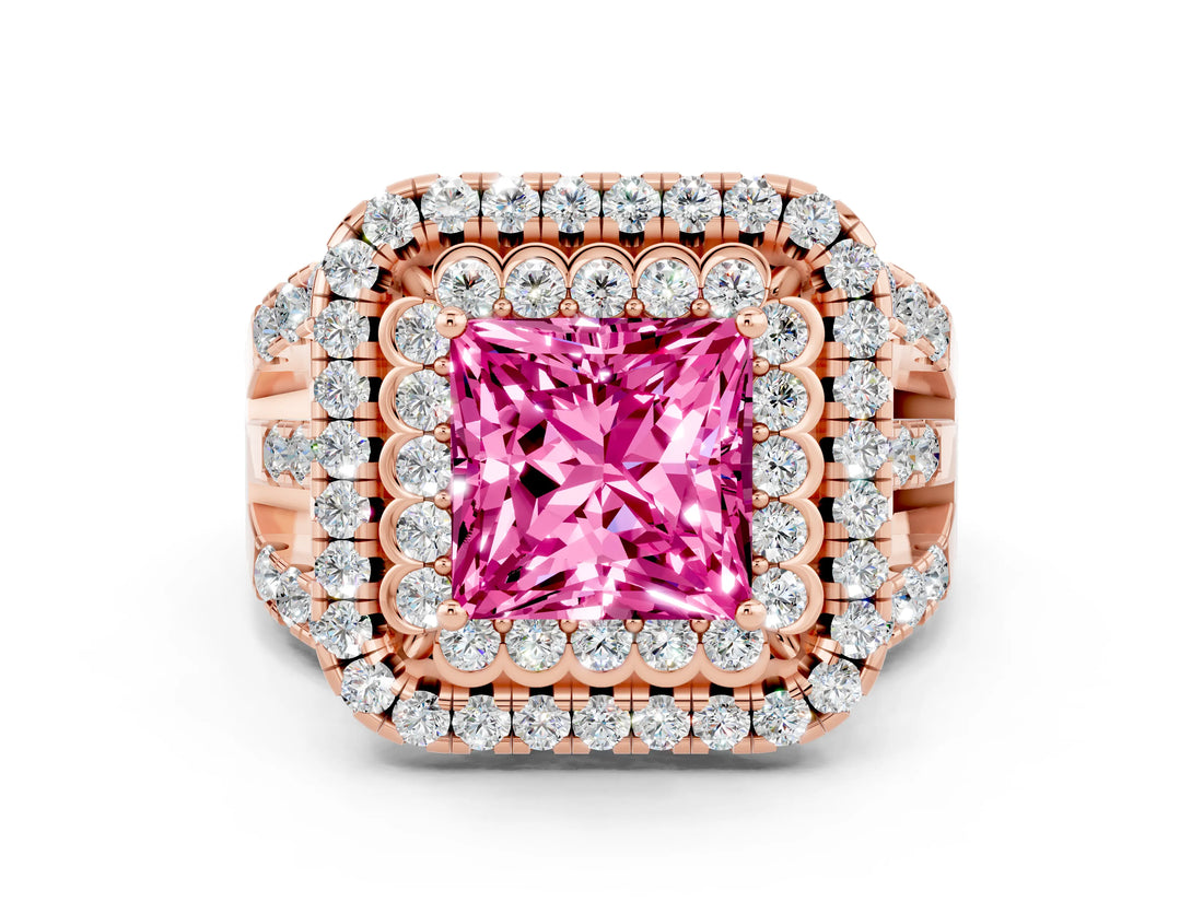 Rose gold Double Halo Princess Cut Diamond Split Shank Pave Set Ring