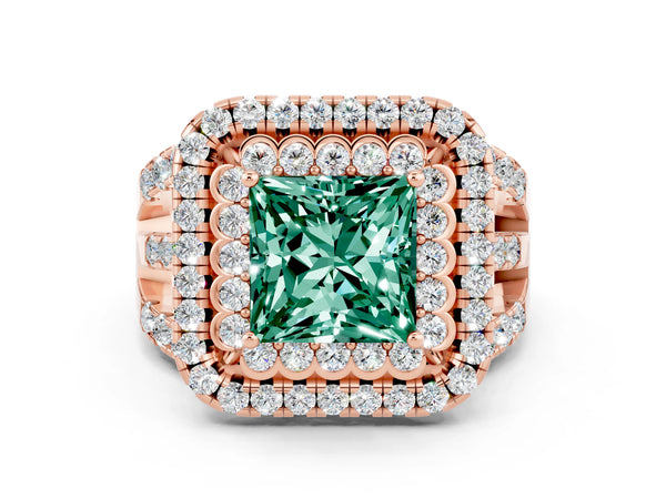 Rose gold Princess Cut Green Sapphire Double Halo Ring with Round Pavé Split Shank and Prong Setting