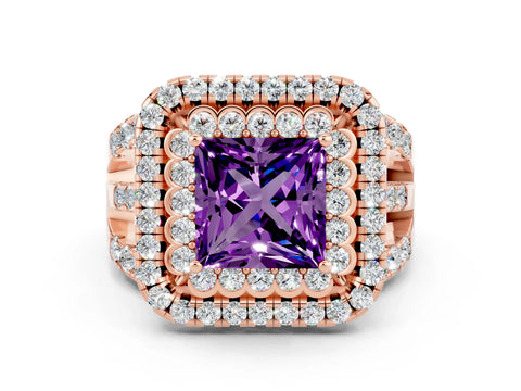 Rose gold Double Halo Princess Cut Diamond Split Shank Pave Set Ring