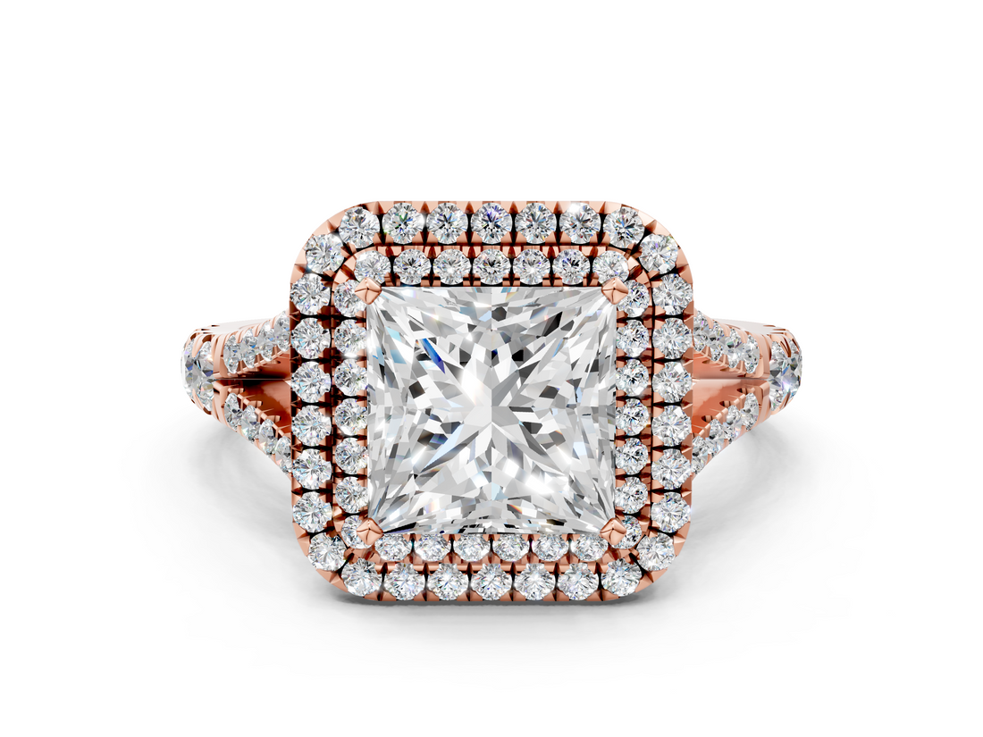 Rose gold Double Halo Princess Cut Diamond Split Shank Ring with Four Prong Setting_32