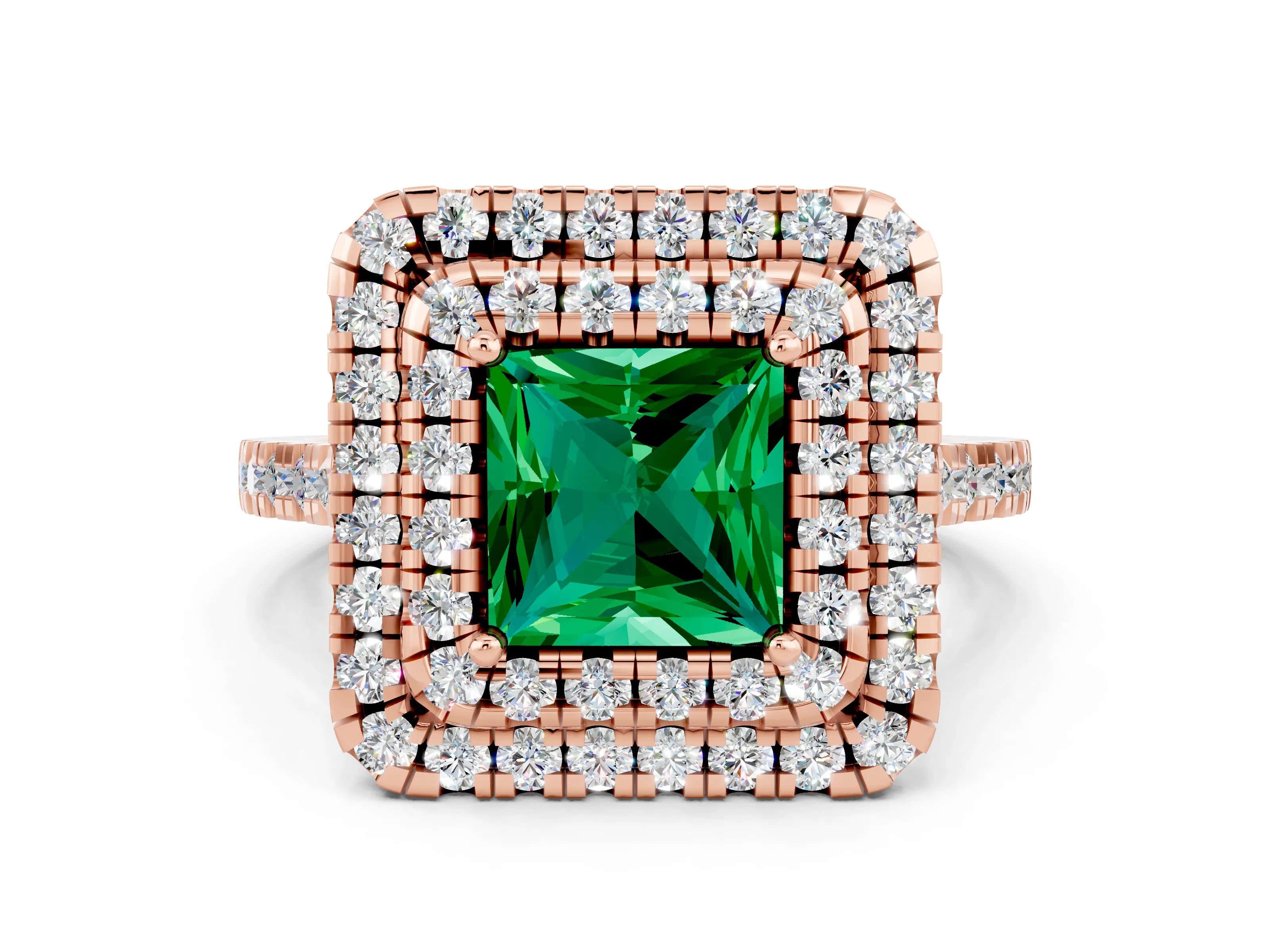 Rose gold Double Halo Princess Cut Emerald Pavé Band with Four-Prong Setting