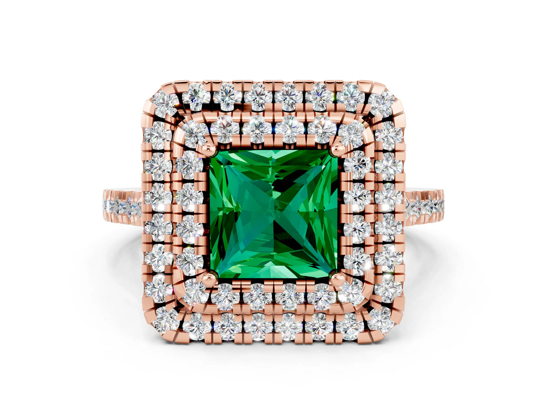 Rose gold Double Halo Princess Cut Emerald Pavé Band with Four-Prong Setting