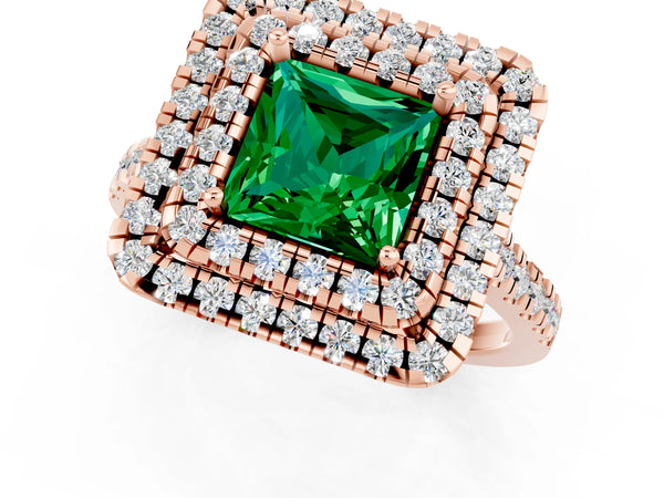 Rose gold Double Halo Princess Cut Emerald Pavé Band with Four-Prong Setting