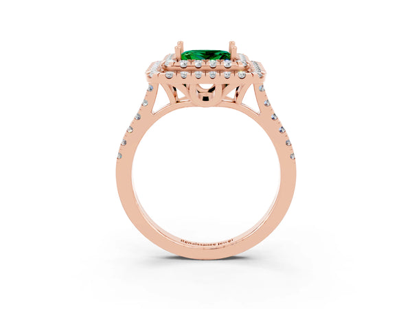 Rose gold Double Halo Princess Cut Emerald Pavé Band with Four-Prong Setting