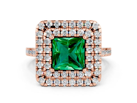 Rose gold Double Halo Princess Cut Emerald Pavé Band with Four-Prong Setting
