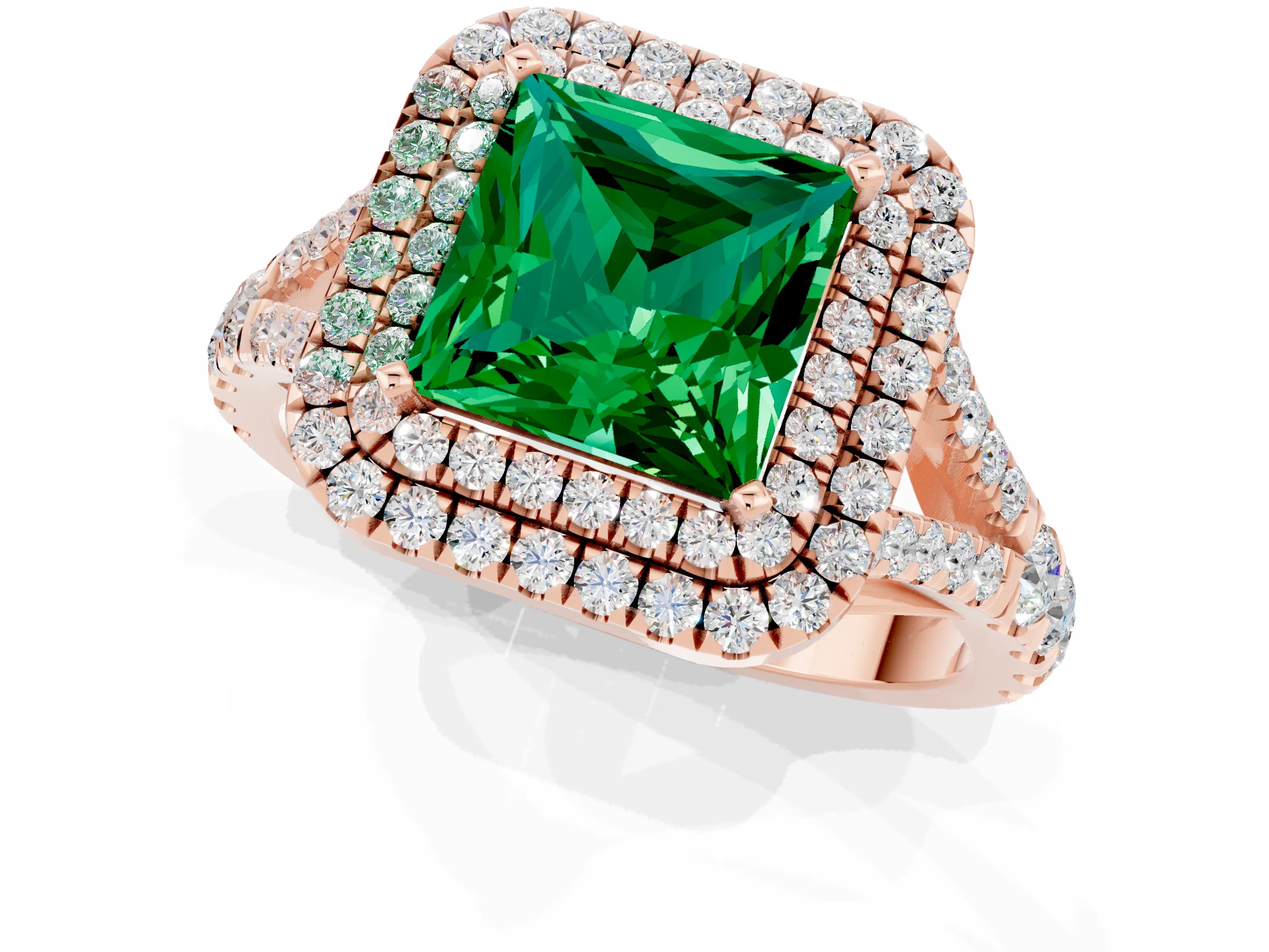 Rose gold Double Halo Princess Cut Emerald Pavé Split Shank Ring with Prong Setting_1