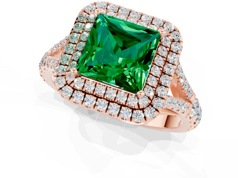 Rose gold Double Halo Princess Cut Emerald Pavé Split Shank Ring with Prong Setting_1