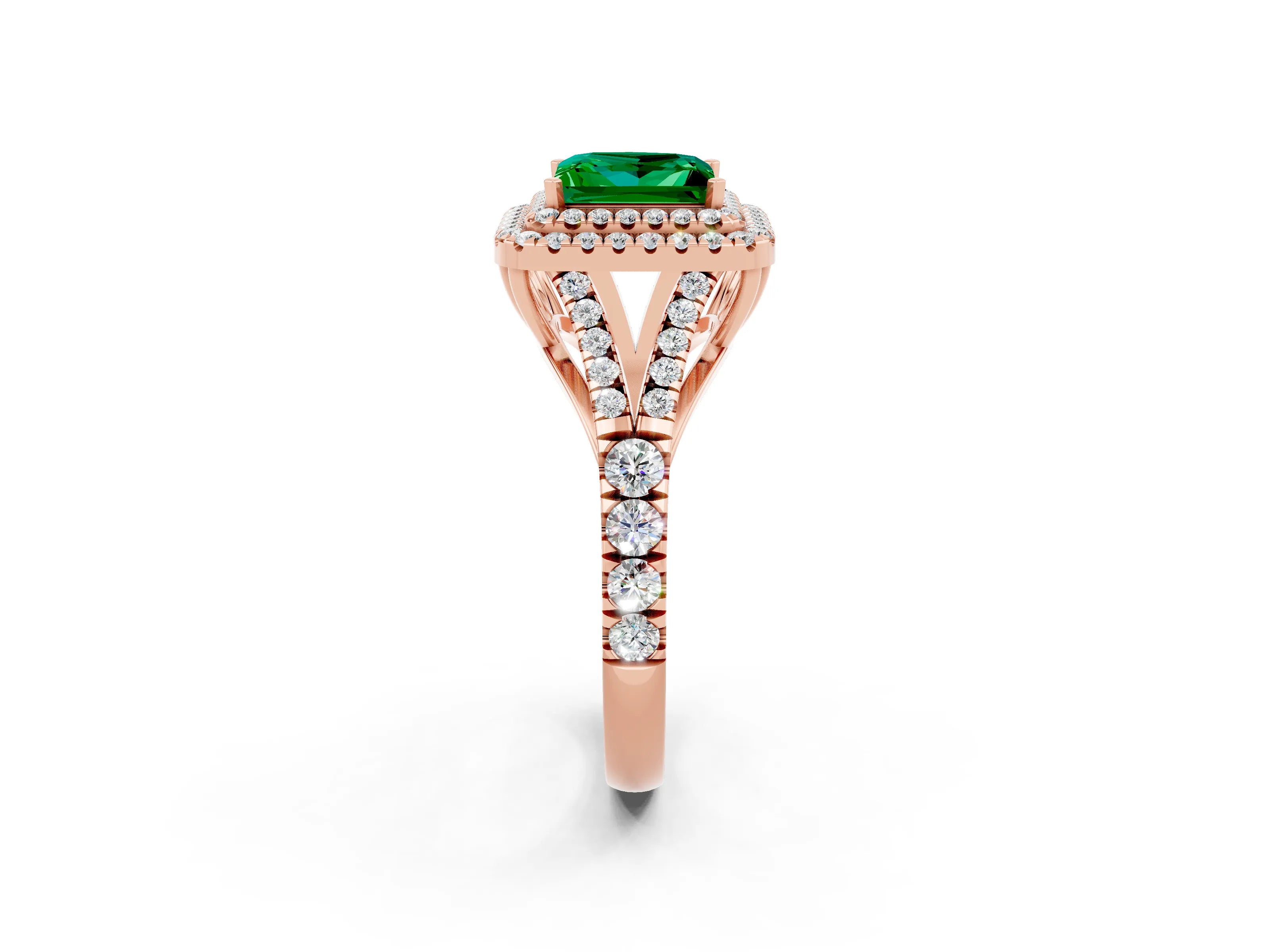 Rose gold Double Halo Princess Cut Emerald Pavé Split Shank Ring with Prong Setting_2