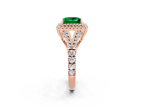 Rose gold Double Halo Princess Cut Emerald Pavé Split Shank Ring with Prong Setting