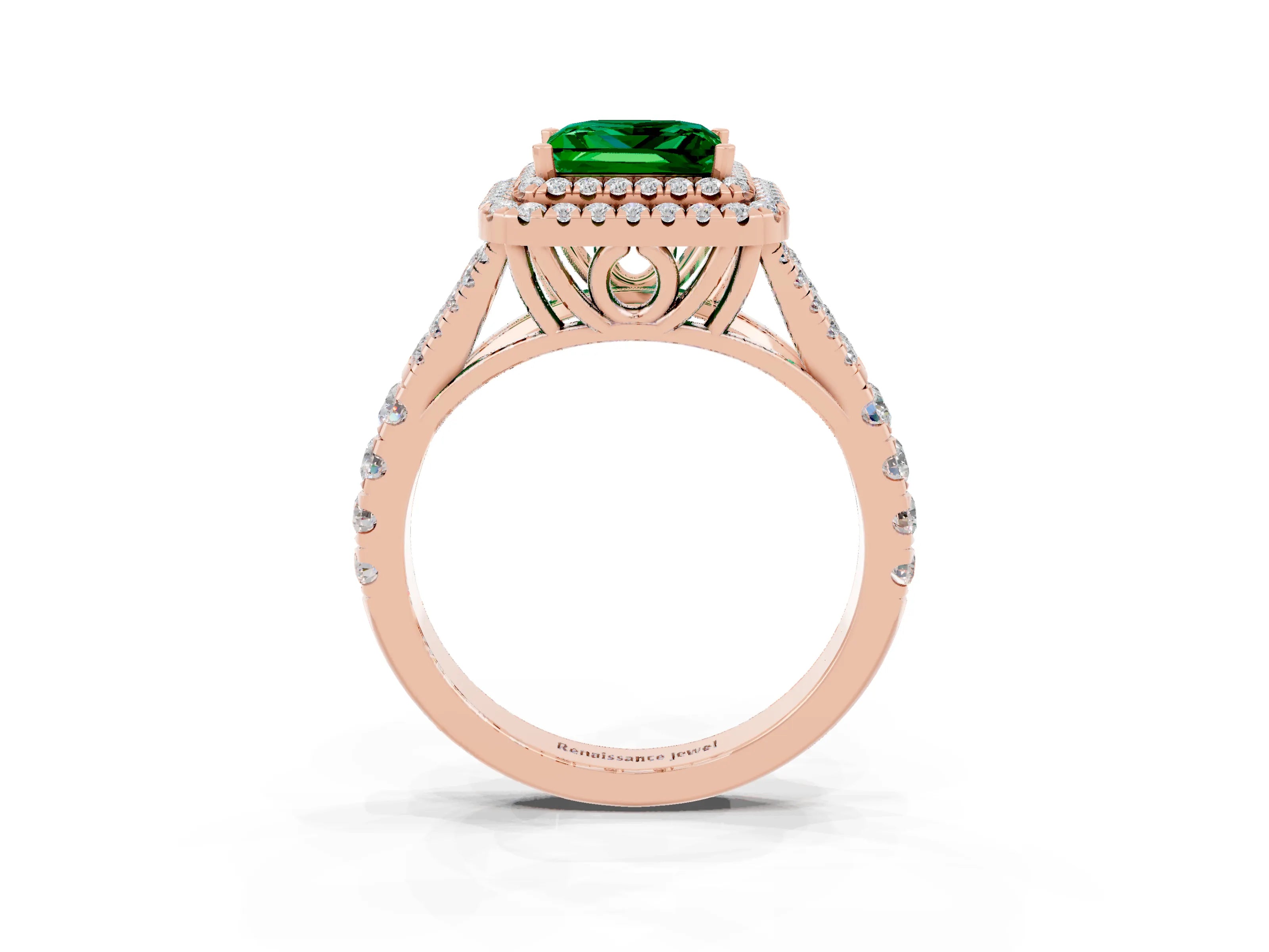 Rose gold Double Halo Princess Cut Emerald Pavé Split Shank Ring with Prong Setting_3