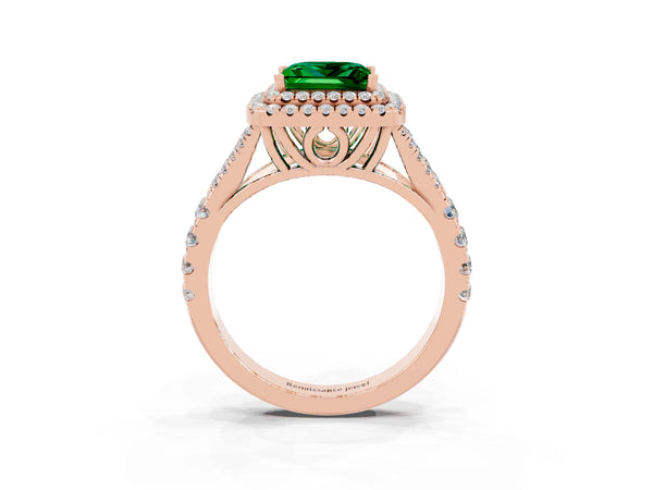 Rose gold Double Halo Princess Cut Emerald Pavé Split Shank Ring with Prong Setting